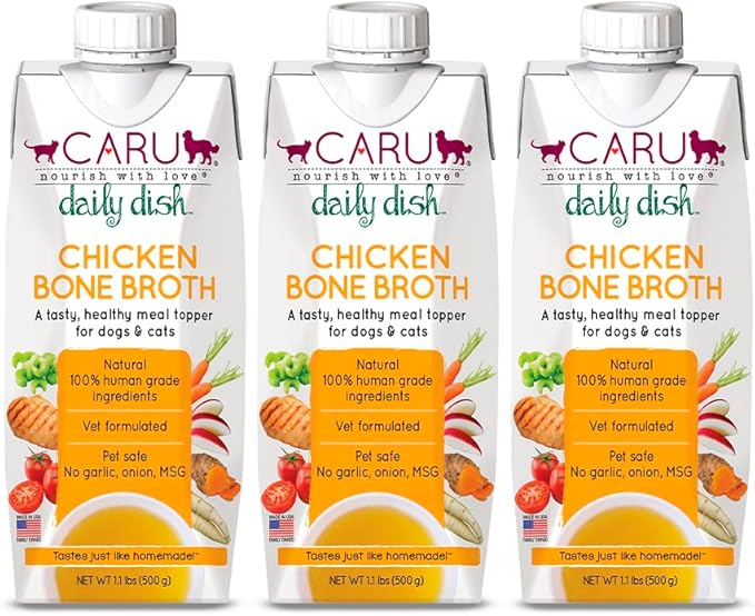 Caru - Daily Dish Chicken Bone Broth Meal Topper for Dogs &amp; Cats - Savory Pour-Over Broth - 3 Pack