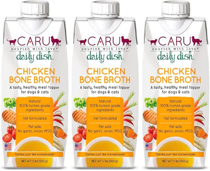 Caru - Daily Dish Chicken Bone Broth Meal Topper for Dogs &amp; Cats - Savory Pour-Over Broth - 3 Pack