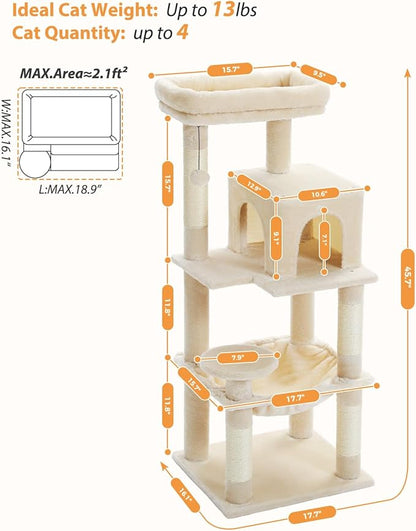 PETEPELA 45.7" Cat Tree for Indoor Cats, 5-Level Cat Tower for Large Cats with Metal Frame Large Hammock (17.3"x15.3"), Cat Condo with (18.5"x13") Big Top Perch &amp; 4 Sisal Covered Scratching Post Beige