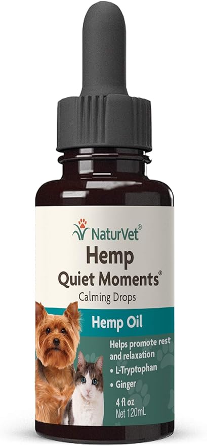 NaturVet – Hemp Quiet Moments Calming Drops - 4 oz – Enhanced with Hemp Seed Oil, L-Tryptophan &amp; Ginger – Helps Reduce Stress &amp; Promote Relaxation – for Dogs &amp; Cats