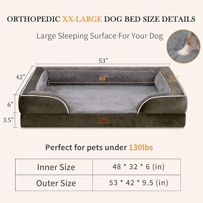Comfort Expression XXL Dog Beds Memory Foam, Orthopedic Dog Beds for Extra Large Dogs, Waterproof Dogs Bed, Washable Pet Sofa Couch with Bolster &amp; Removable Cover(XX-Large,Olive Green)