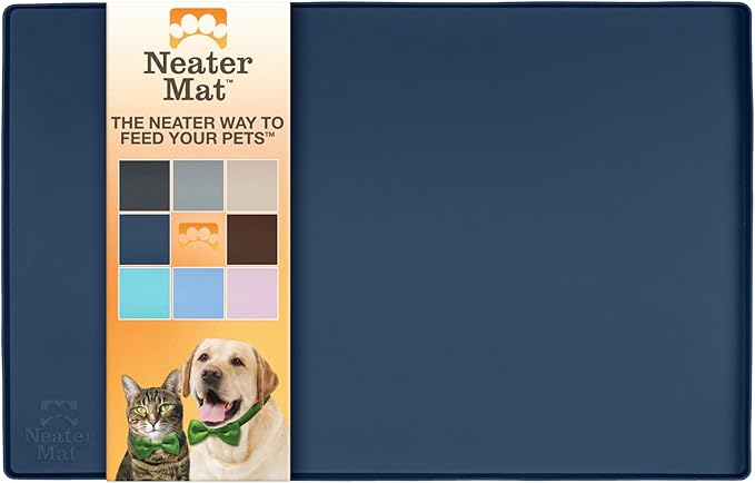 Neater Pet Brands Neater Mat Pet Mats for Food and Water, Cat &amp; Dog Bowl Mat Waterproof Silicone, Feeding Tray, Dog Food Mats for Floors, Placemat w/Raised Edge for Under Bowls, 16” x 10”, Dark Blue