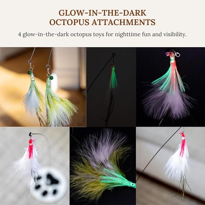 Cat Wand Toy with Round Base – Interactive Feather &amp; Glow-in-The-Dark Octopus Attachments – Suction Cup Cat Toy for Indoor Cats &amp; Kittens