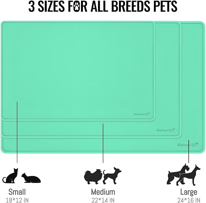 MateeyLife Dog &amp; Cat Food Mat - Waterproof, Nonslip, Raised Edges, Silicone Tray for Messy Drinkers, 24"x16", Mint Green