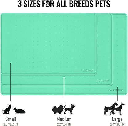 MateeyLife Dog &amp; Cat Food Mat - Waterproof, Nonslip, Raised Edges, Silicone Tray for Messy Drinkers, 24"x16", Mint Green