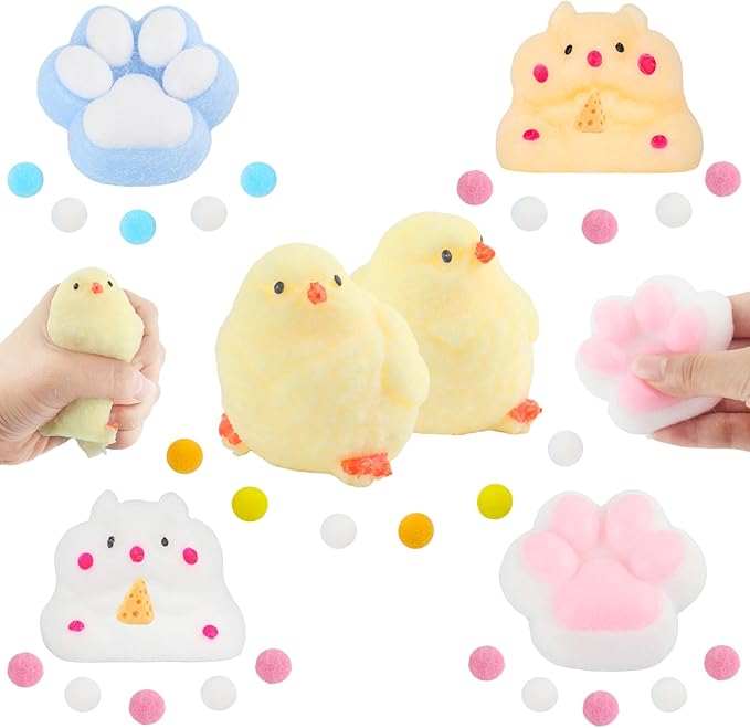 6 Pcs Taba Squishy , Kit Squeeze Toy ,Include Squishies( 2 Cat Paws &amp; 2 Chick,2 Hamster), Soft Stress Relief Squeeze Toy,tress Relief Sensory Toy