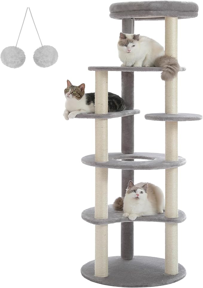 PETEPELA 61" Cat Tree for Indoor Cats, [6-Levels] Cat Climbing Tower with 9 Sisal Scratching Posts and Replaceable Dangling Ball &amp;Top Perch, Grey