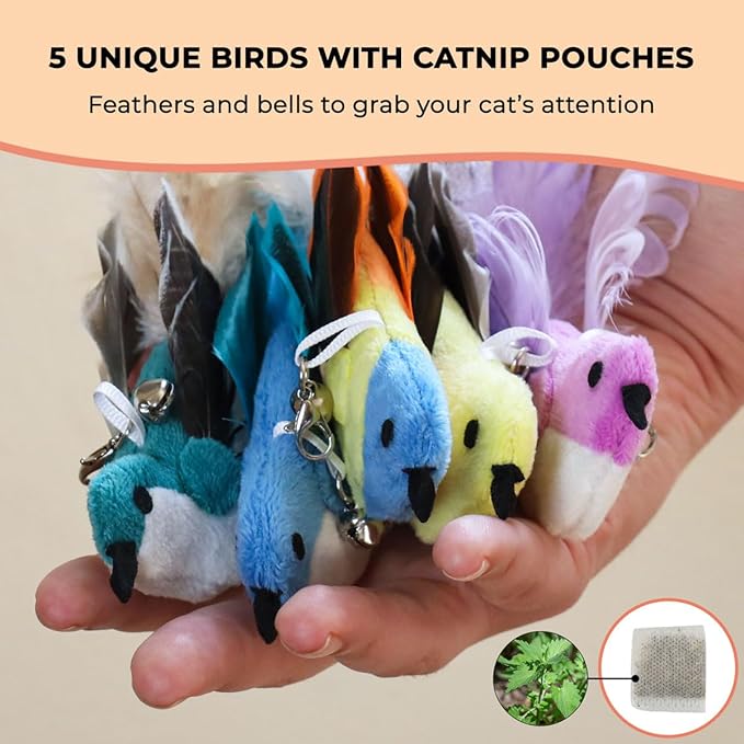 Interactive Catnip Bird Toy Set, Interactive Cat Toys for Indoor Cats, Cat Feather Toy, Suction Cup, Weighted Base, 5 Replacement Birds, Feathers &amp; Bells, Realistic Bird Impression