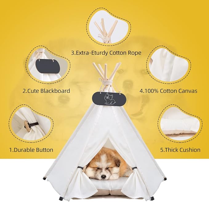 Pet Teepee Tent for Dogs &amp; Cats Dog Bed with Thick Cushion Puppies Play House Removable and Washable