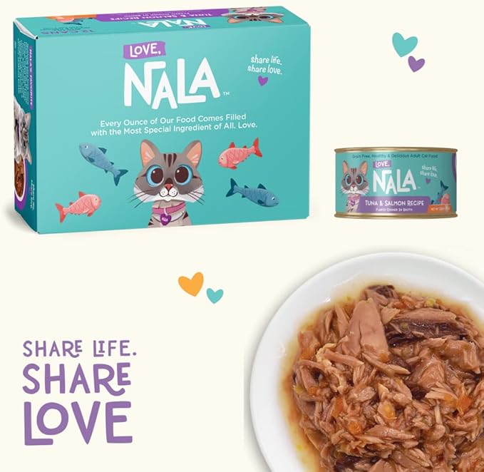 LOVE, NALA - Natural Adult Cat Wet Food - FLAKED Tuna and Salmon in Broth- Grain Free, Non-GMO, Lean Protein, Omega 3, Added Minerals &amp; Vitamins - 12 Pack 2.4 lbs.