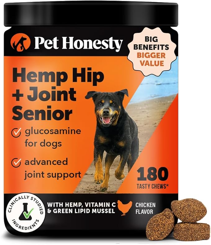 Senior Hemp Hip &amp; Joint Supplement - Dog Joint Supplement with Hemp Oil, Glucosamine for Dogs, Collagen, MSM &amp; Green Lipped Mussel - Mobility for Senior Dogs (Chicken 180ct)