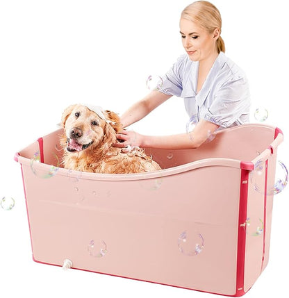 Portable Dog Bathtub for Large Dogs - 48.4Gal Foldable Pet Wash Station with Drain Plug, Insulated &amp; Non-Slip Design for Indoor/Outdoor Bathing, Grooming, Camping（Pink）