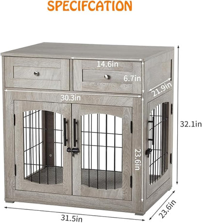 Dog Crate Furniture for Medium Dogs, Wooden Dog Kennel Indoor with Double Doors, Dog Cage with Cushion &amp; Drawers, Dog House Side End Table for Small Medium Dogs up to 45 lb, 31.5” L, Grey