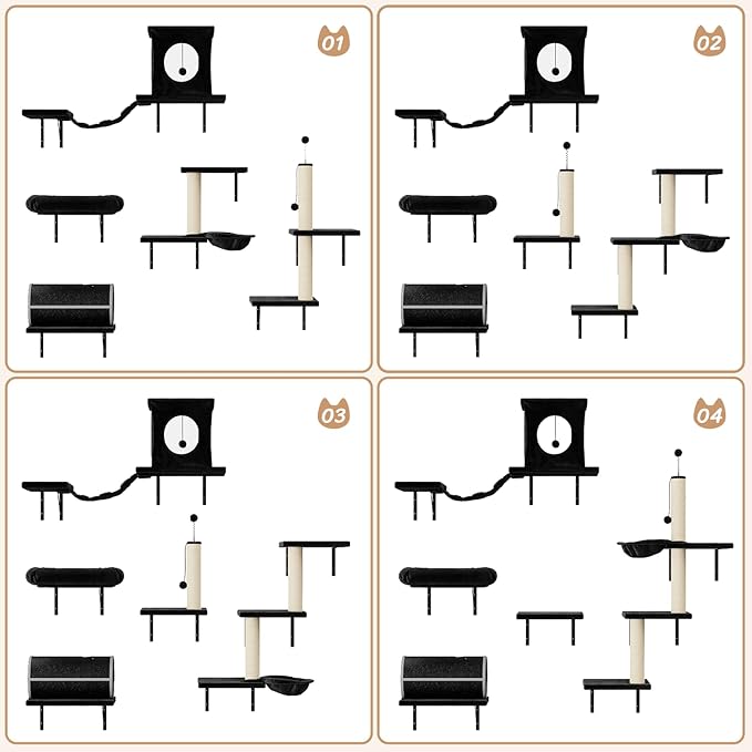 NUNU LAB Wall Mounted Cat Furniture, 7 Pcs Cat Wall Shelves with House, Tunnel, Bridge, Steps, Scratcher, Hammock, Bed, Indoor Safe &amp; Stable Furniture for Kittens Play, Black