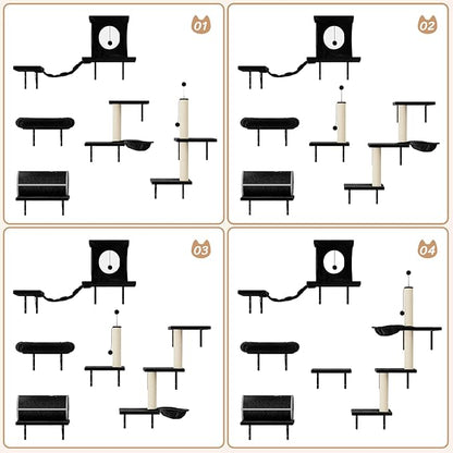 NUNU LAB Wall Mounted Cat Furniture, 7 Pcs Cat Wall Shelves with House, Tunnel, Bridge, Steps, Scratcher, Hammock, Bed, Indoor Safe &amp; Stable Furniture for Kittens Play, Black