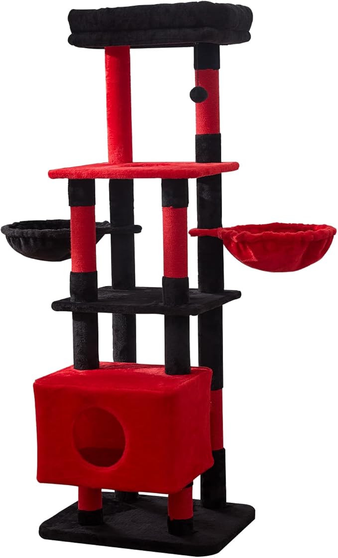 Gardner Pet 65in Heavy Duty Cat Tree Tower for Large Cats, Multi-Level Cat Furniture with Replaceable Sisal Scratching Post, Hammock | Extra-Large Platform &amp; Condo (Black Red, Basic φ:2.84")