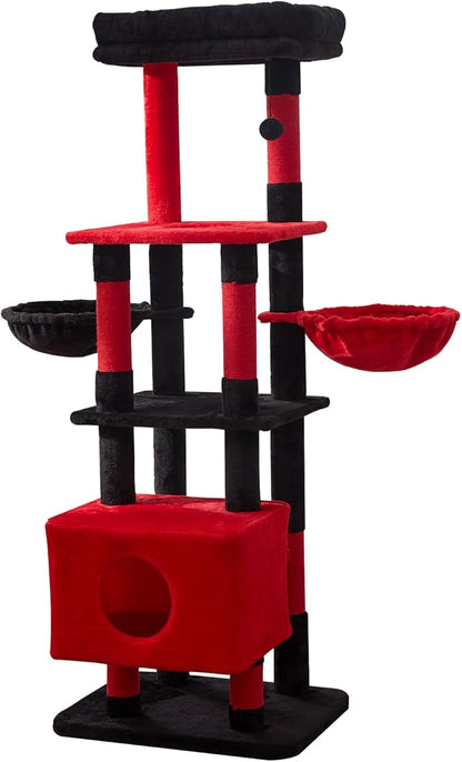 Gardner Pet 65in Heavy Duty Cat Tree Tower for Large Cats, Multi-Level Cat Furniture with Replaceable Sisal Scratching Post, Hammock | Extra-Large Platform &amp; Condo (Black Red, Basic φ:2.84")