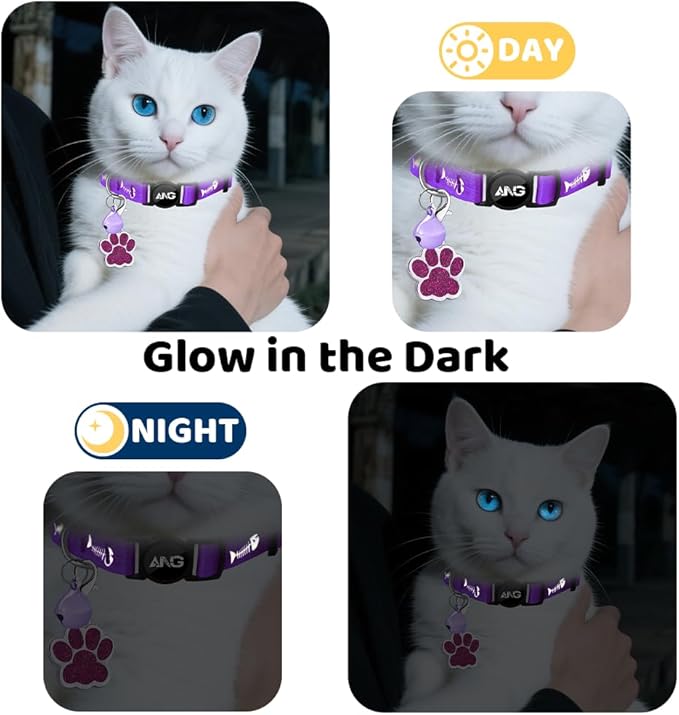 Personalized Breakaway Cat Collars Glow-in-The-Dark with ID Tag, Bell - Safety Quick - Release, Customizable for Female Male Kittens &amp; Cats (Purple)