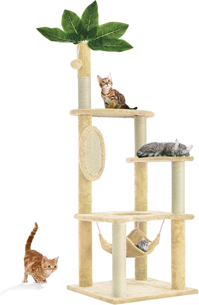 55 Inch Large Cat Tree Tower for Indoor Cats with Hammock Green Leaves Sisal Scratching Post, Plush Hang Ball Play Furniture for Kittens &amp; Adult Cats, New Beige