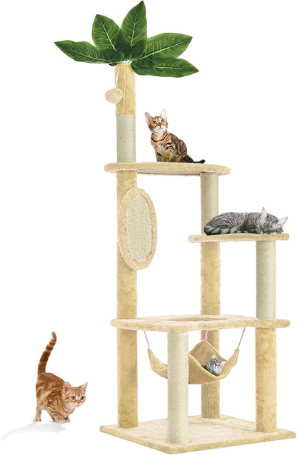 55 Inch Large Cat Tree Tower for Indoor Cats with Hammock Green Leaves Sisal Scratching Post, Plush Hang Ball Play Furniture for Kittens &amp; Adult Cats, New Beige