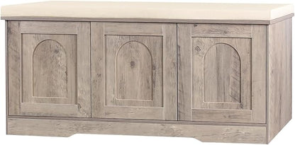 DINZI LVJ Shoe Bench, Entryway Storage Bench with Doors, Cushion, 2-Tier Shoe Rack with 6-Cubby, 39.4”L x 13.8”W Shoe Organizer Cabinet, Adjustable Shelf, Living Room, Bedroom, Greige