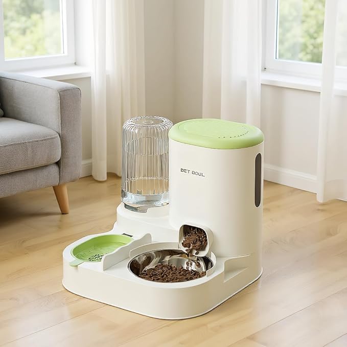 Automatic Cat Feeder &amp; Water Dispenser - Dual Container for Dry/Wet Food, Two-in-One Upgraded Gravity Feeder and Water Dispenser Combo Set for Cats and Dogs.(Green)