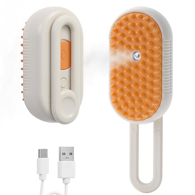 4 in 1 Cat Steam Brush, Rechargeable Steam Brush for Cats and Dogs, Anti-Static Cat Spray Brushes, Massage, Cleaning, Shedding &amp; Combing All In One! Beige
