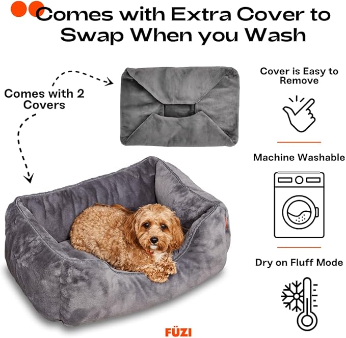 FUZI Luxury Aesthetic Dog Bed with Extra Cover for Small Dogs, Washable Pet Couch, Pet Bed with Sides, Non-Slip Bottom, Soft &amp; Durable Calming Dog Bed, Faux Rabbit Fur, Small 25.1x16.75x9.5 Dark Grey