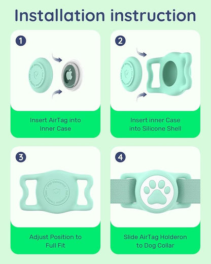 IP68 Waterpoof Dog Airtag Holder, Stretchy Silicone Full Body Covered Apple Air Tag Holder for Dog Cat Collar Fit All Width Collar (Green/Pink, 2 Pack)