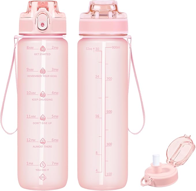 32oz Motivational Water Bottles with Time Marker &amp; Fruit Strainer, Transparent Gradient Color Water Bottle with Times to Drink, Leakproof &amp; BPA Free, Reusable Bottle with Strap (No Straw)