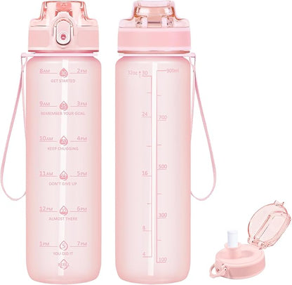 32oz Motivational Water Bottles with Time Marker &amp; Fruit Strainer, Transparent Gradient Color Water Bottle with Times to Drink, Leakproof &amp; BPA Free, Reusable Bottle with Strap (No Straw)