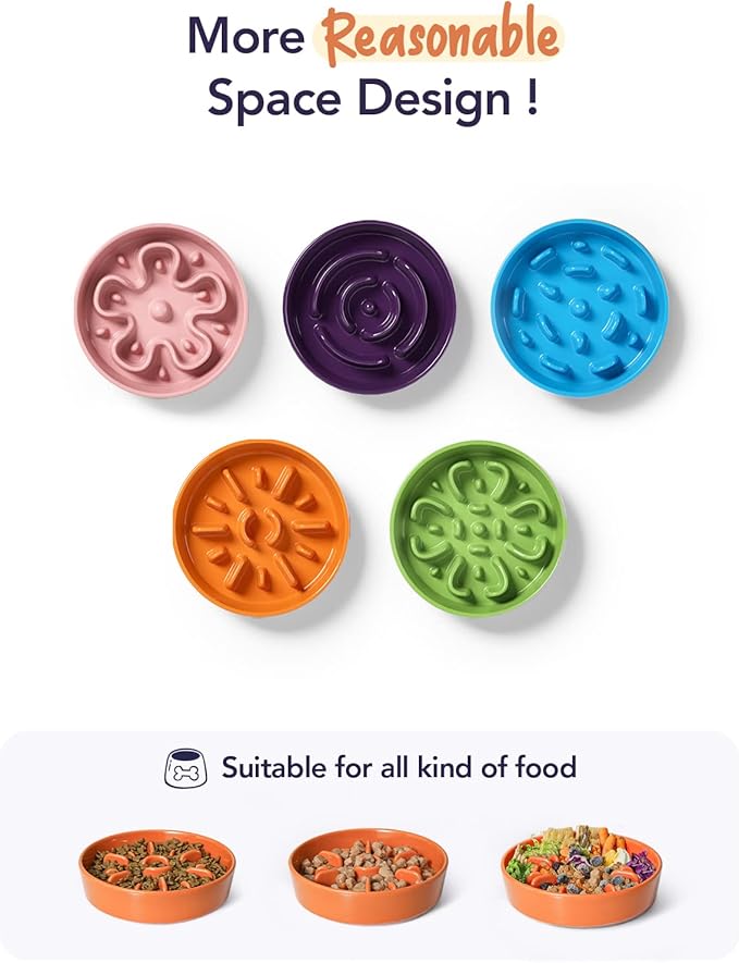 LE TAUCI Ceramic Slow Feeder Puzzle Bowl Elevated 1.5 Cup with Wooden Stand for Small &amp; Medium Dog, Fast Eater Food Bowl Sun Orange