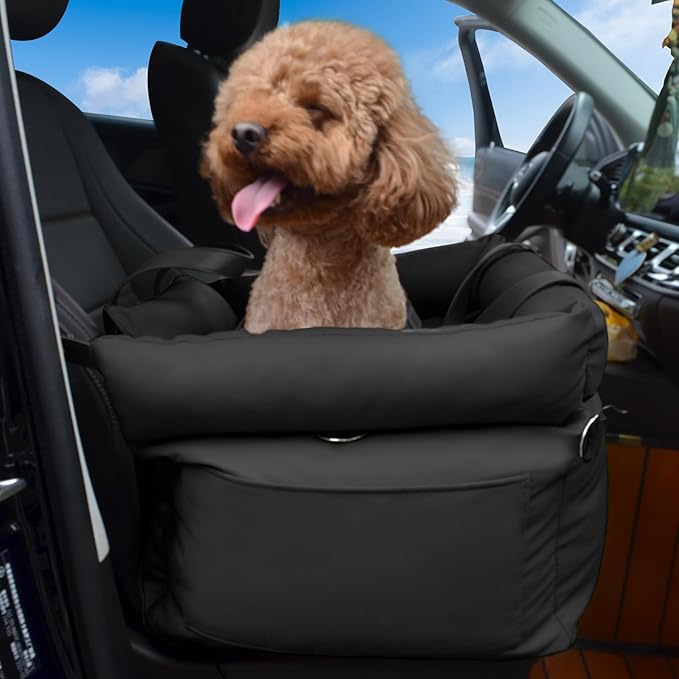 Dog Car Seat for Small Dogs, Large Leather Dog Car Bed with Storage Pocket, Waterproof PVC Leather Booster Seat Travel Bed for Front &amp; Back Seat, Clip-On Safety Leash (Black)