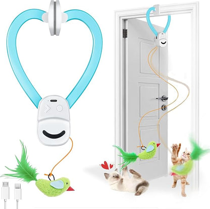 Interactive Cat Toys for Indoor Cats Automatic Electric Flying Bird Feather Wand Toy - Best Kitten &amp; Adult Cat Enrichment Stimulation Toy Hanging Electric Kitty Toys for Bored Cats（Blue White）