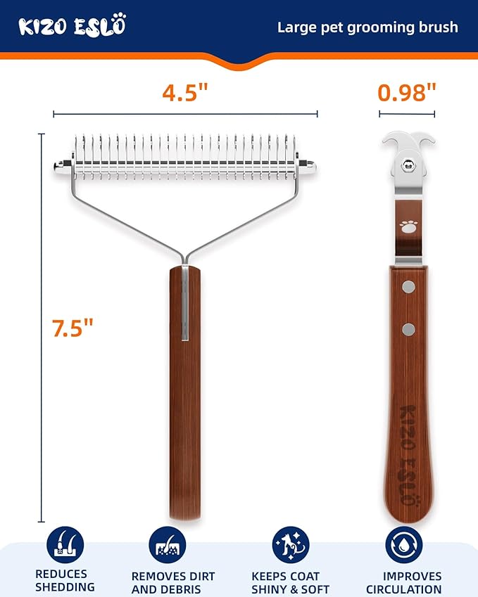 Extra Large 2-Sided Undercoat Rake for Dogs &amp; Cats, Dog Brush for Shedding Remove Mats, Dematting Comb, Safe&amp;Gentle Grooming Brush for German Shepherds Medium to Long-Haired Pets,Premium Wooden Handle