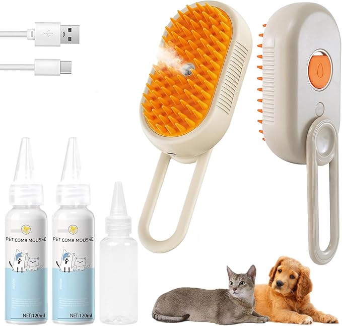 4-in1 Cat Steam Brush for Shedding &amp; Grooming, Spray Hair Removal Comb with 2 Waterless Shampoo, Cat and Dog Brush for Shedding, Pet Grooming Comb Hair Removal Tool for Cats and Dogs
