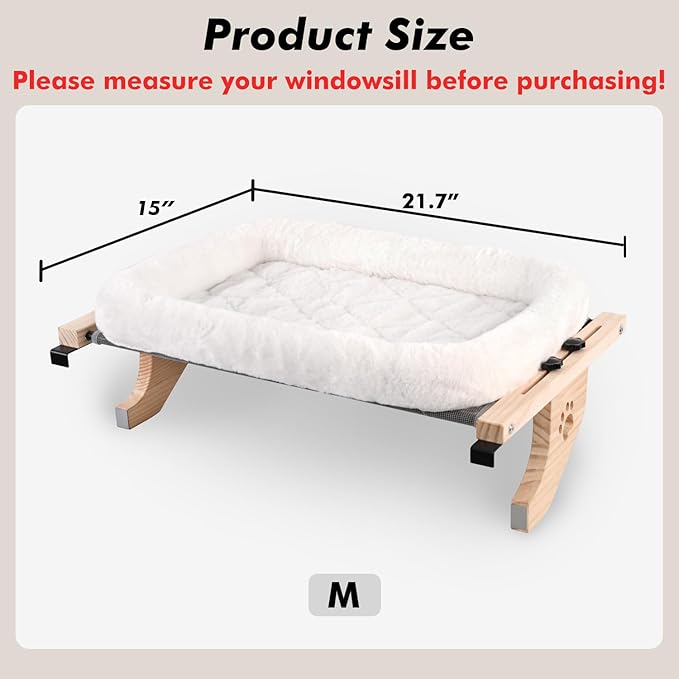 AMOSIJOY Cat Sill Window Perch Sturdy Hammock Window Seat with Cushion Bed Cover, Wood &amp; Metal Frame for Large Cats, Easy to Adjust Cat Bed for Windowsill, Bedside, Drawer and Cabinet (M)