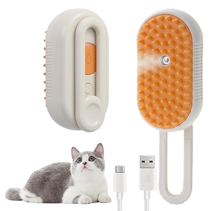 Cat steam brush USB-Powered Pet Steam Brush for Dogs &amp; Cats | Instant Fog Deshedding Tool, Reduces Shedding &amp; Flyaway Hair | Gentle Grooming Brush for Dog &amp; Cat Hair Loss Control (Orange)