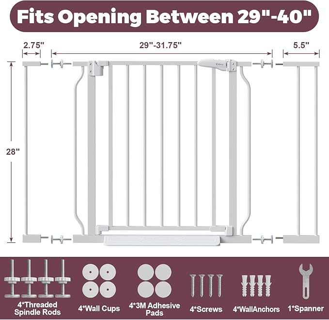 29"-40" Baby Gate for Stairs, Auto Close Stroller Friendly Dog Gate Indoor for Doorways, Pressure Mounted Baby Gate, Easy Walk Through Gate for Children &amp; Pets, White
