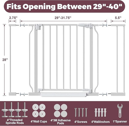 29"-40" Baby Gate for Stairs, Auto Close Stroller Friendly Dog Gate Indoor for Doorways, Pressure Mounted Baby Gate, Easy Walk Through Gate for Children &amp; Pets, White