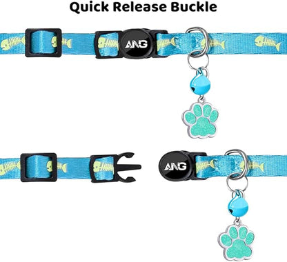 Personalized Breakaway Cat Collars Glow-in-The-Dark with ID Tag, Bell - Safety Quick - Release, Customizable for Female Male Kittens &amp; Cats (Blue)