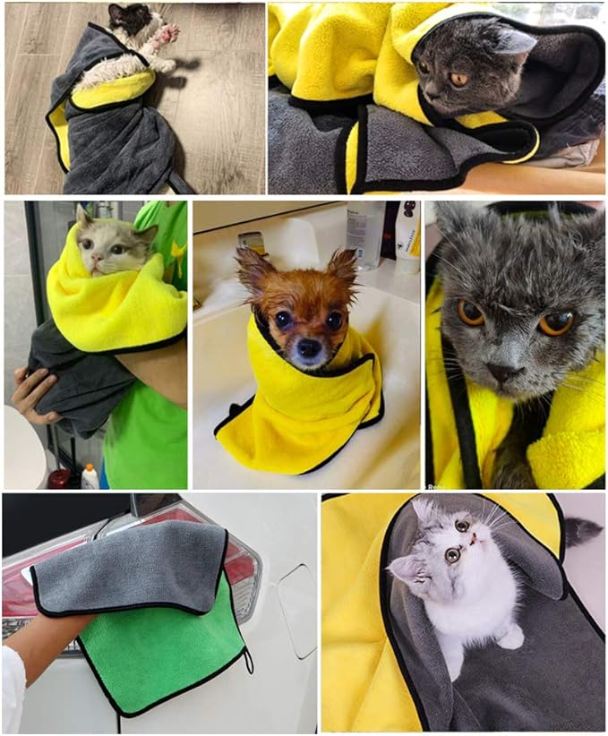 2 Pack Dog Towels Super Absorbent Pet Bath Towel Microfiber Dog Drying Towel for Small Dogs and Cats, Machine Washable, 11.8Inch x 23.6Inch, Yellow-Grey &amp; Green-Grey