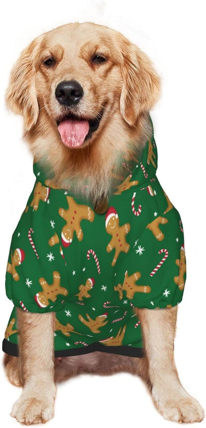 Green Christmas Gingerbread Men Candies Hoodie,Christmas Cosplay Dog Clothes with Pocket and Hat Winter Clothes Sweaters X-Small