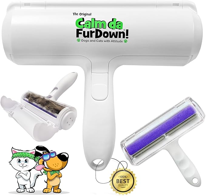Calm Da Fur Down Pet Hair Remover Reusable Roller - Portable Effective Dog &amp; Cat Hair Remover- Pet Lint Roller Extra Sticky for Couch, Cat Trees, Dog beds, Carpet, Bedding, Car, Home Fur Removal Tool