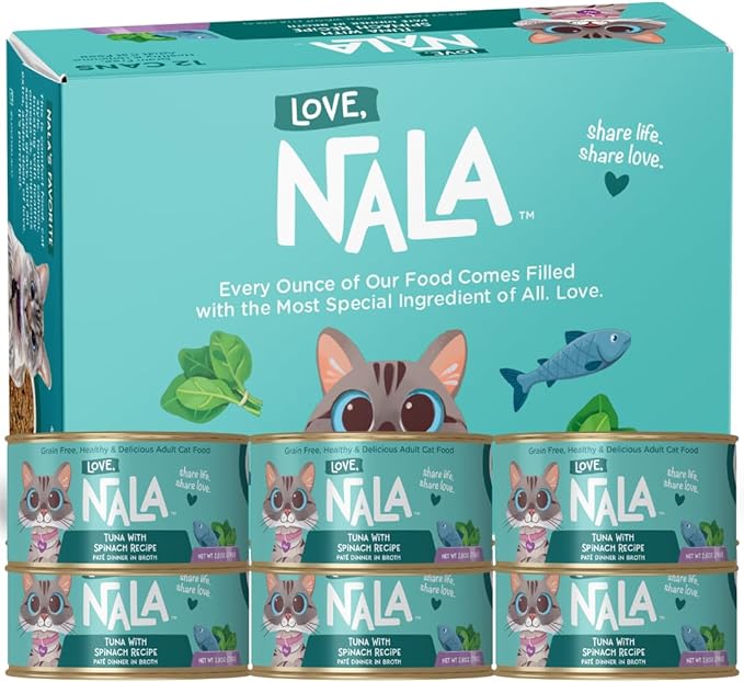 LOVE, NALA - Natural Adult Cat Wet Food - Pate Tuna with Spinach Recipe- Grain Free, Non-GMO, Lean Protein, Iron, Digestive Fiber Blend, Added Minerals &amp; Vitamins - 12 Pack 2.4 lbs.