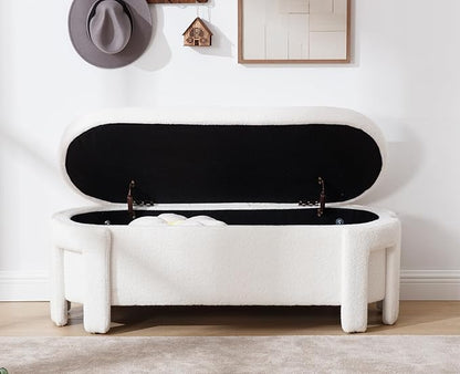 Kmax 50" Storage Ottoman Bench Modern Faux Fur Boucle Entryway Bench Comfy Upholstered End of Bed Bench for Hallway Entrance Bedroom Corner, White