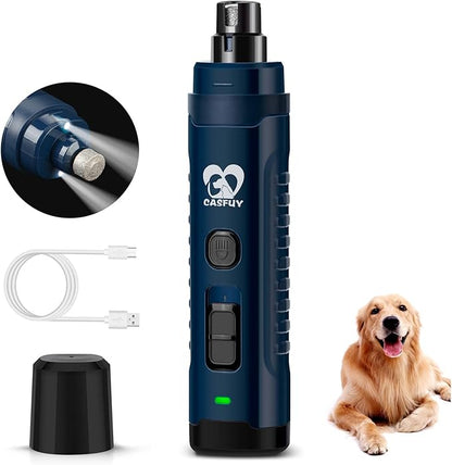 Casfuy Dog Nail Grinder with 2 LED Light - 4.8V Super Powerful 2-Speed Electric Pet Nail Trimmer for Medium Large Dogs Quiet Rechargeable Painless Paws Grooming &amp; Smoothing Tool (Dark Blue)