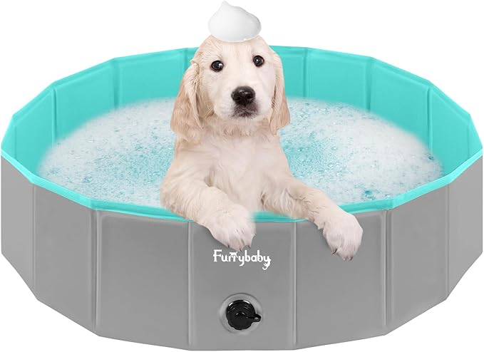 Furrybaby Foldable Dog Pool, Kiddie Pool Hard Plastic, Collapsible Pet Bath Portable Dog Swimming Pool for Pet, Dogs and Cats Grey 32&