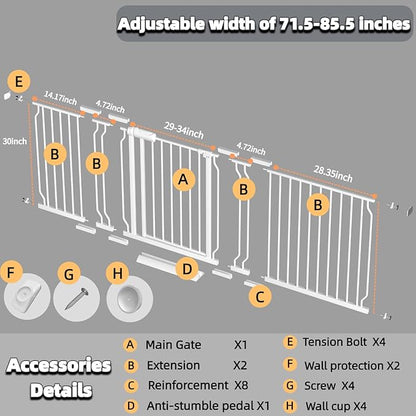 TSAYAWA Baby Gate Extra Wide Fits 71.5-85.8 inch Wide Opening - Dog Pet Gates for Doorways Stairs No Drilling Pressure Mounted - Large Child Safety Gate Indoor Outdoor White
