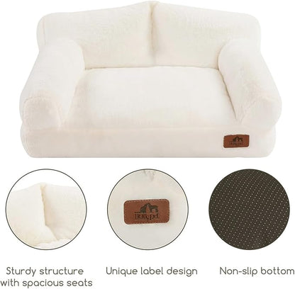 Hollypet Fluffy Plush Pet Cat Couch Soft Calming Pet Sofa Beds for Medium Small Cats and Dogs, White
